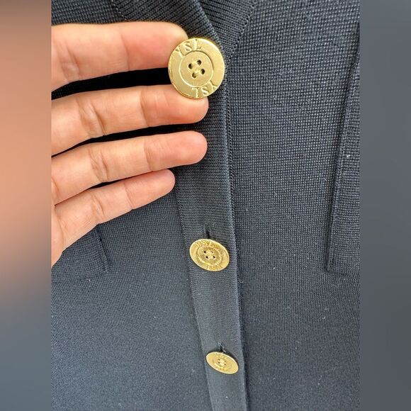 YSL Vintage Black Wool Cardigan Dress 3/4 Sleeve Large Gold Buttons Size M - Picture 10 of 14